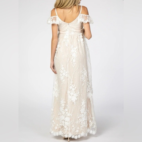 Ivory Floral Embroidered Mesh Maternity Evening Gown - Picture 3 of 12
